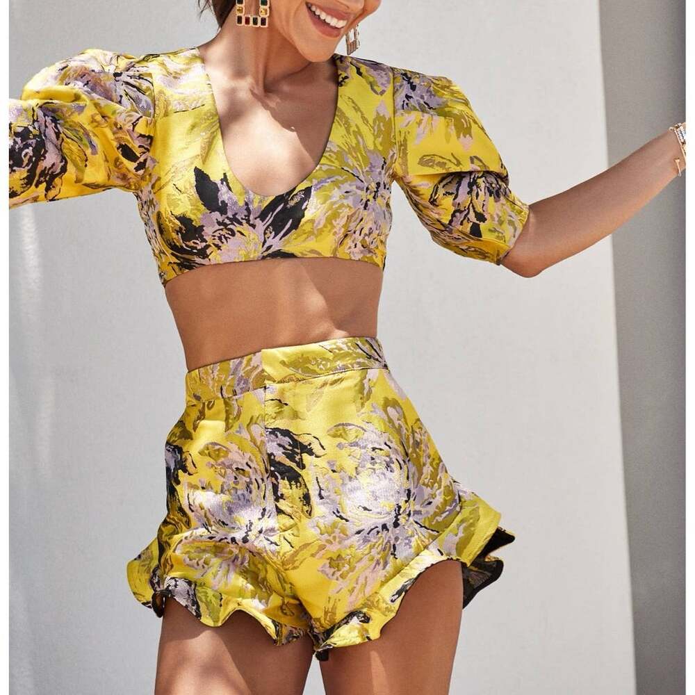 Camila Coelho (S) Kahlo Yellow Floral Puff Sleeve Crop Top Ruffle Shorts Set